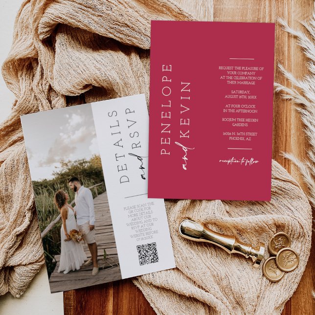 Convites Viva Magenta Boho Foto Casada Código QR RSVP (Criador carregado)