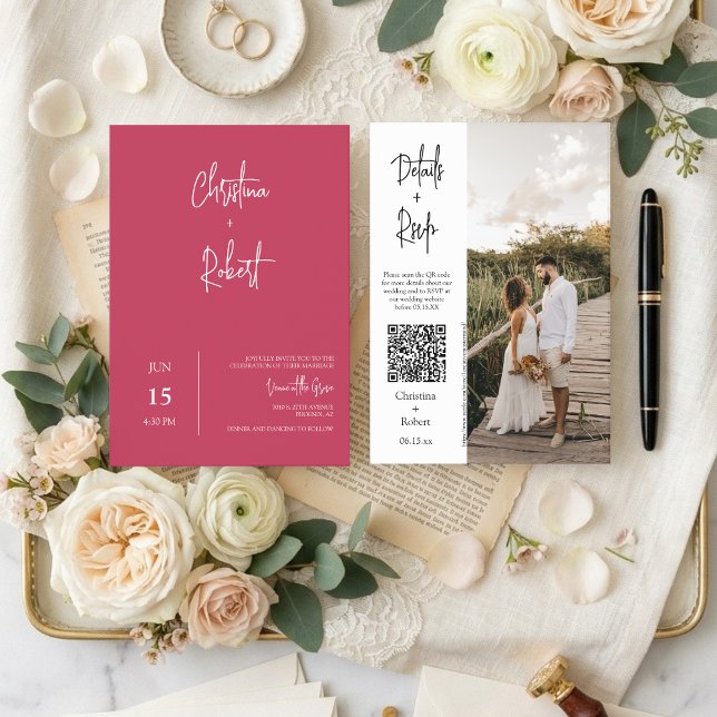 Convites Viva Magenta Casamento Moderno Boho Código QR de F (Criador carregado)