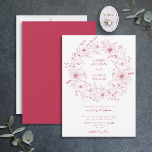 Convites Vivid Magenta Line Art Floral Wreath Wedding Invit