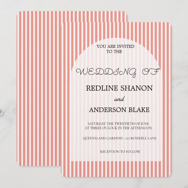 Convites Vivid Tangerine   Blush Striped Elegant Wedding (Frente/Verso)