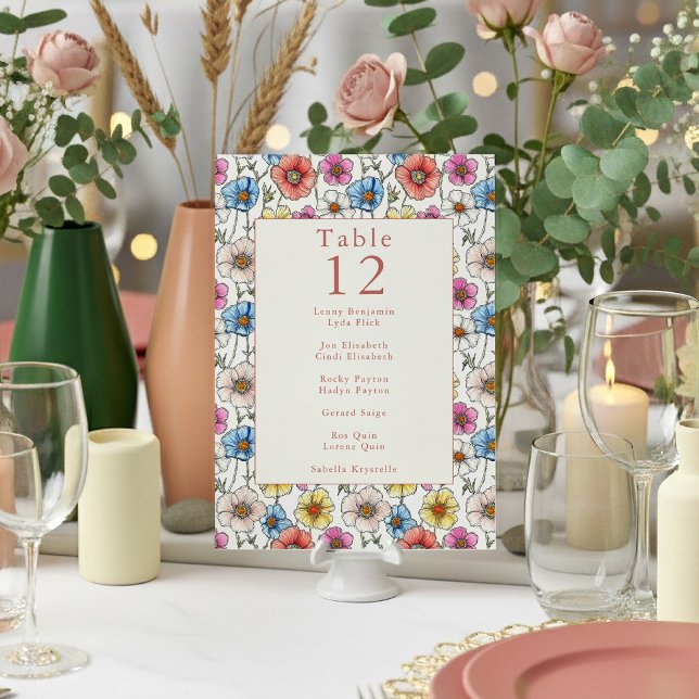 Convites Vívido outono flores silvestres número do quadro (Bright and colorful wildflowers wedding reception table number name chart card.)