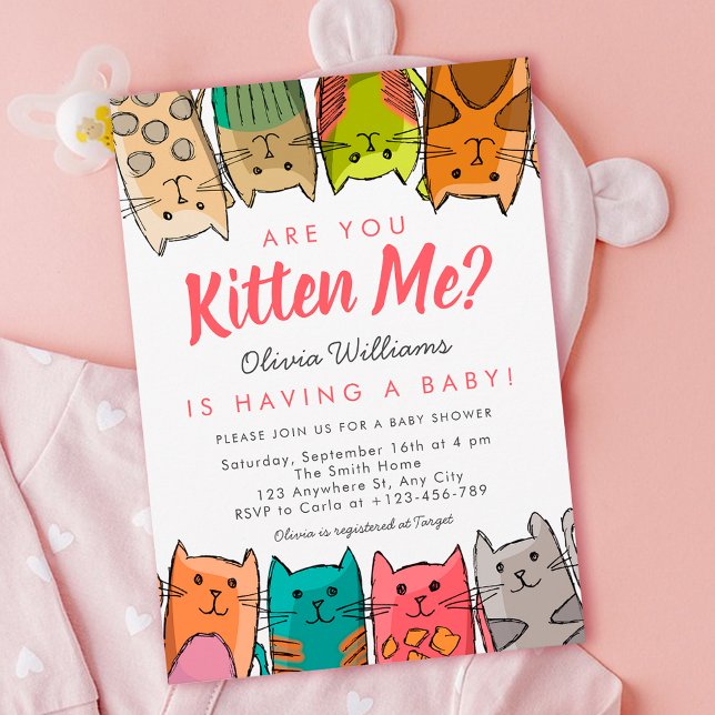 Convites Você É Kitten? Gatos de Gato Chá de fraldas Neutro (Colorful Cats Baby Shower Invitation)