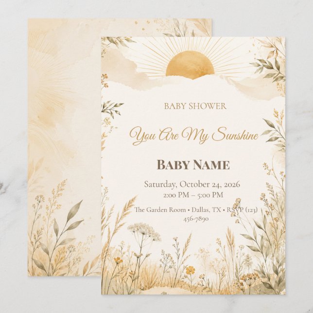 Convites Você É Meu Sol Chuva de Amor | Minimal Boho (Frente/Verso)