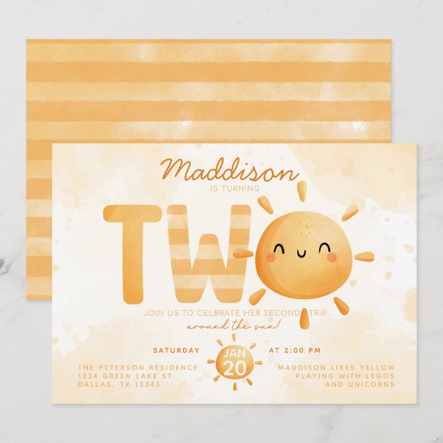 Convites Você é o meu sol virando duas festas de segundo an (Frente/Verso)