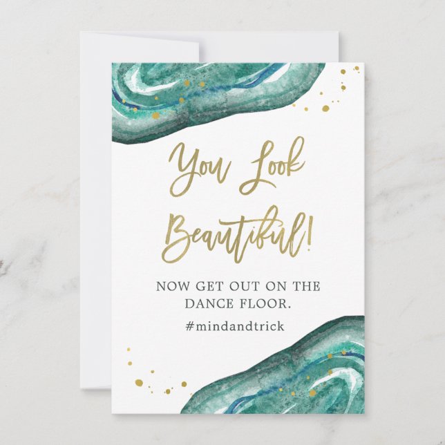 Convites Você Está Lindo | Geodo Teal e Casamento Dourado (Frente)