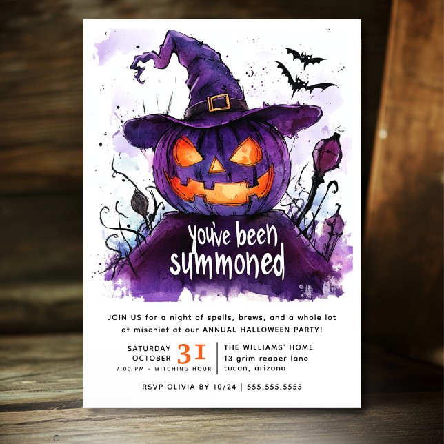 Convites Você foi chamado de Halloween de Abóbora de Aquare (You've Been Summoned Watercolor Halloween Party Invitation with Spooky Witch Aesthetic and Creepy )