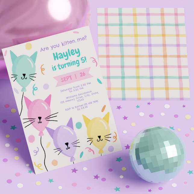 Convites Você Me Gatinha Gatinho Gatinho Gato De Noite Arco (Are You Kitten Me Cute Kitty Cat Birthday Rainbow Invitation)