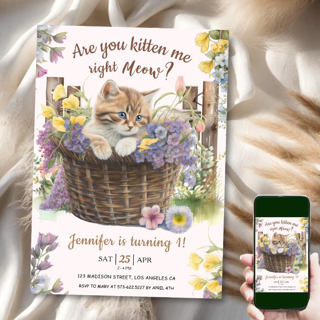 Convites Você Me Gatinha primeiro aniversario De Gato Rosa  (Criador carregado)