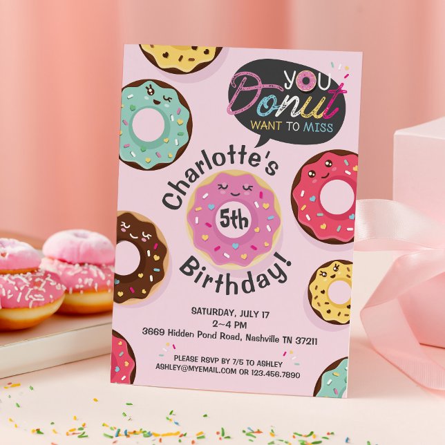 Convites Você Rosquinha quer perder - Festa de aniversário  (You Donut Want to Miss - Iced Donut Birthday Party Invitation)