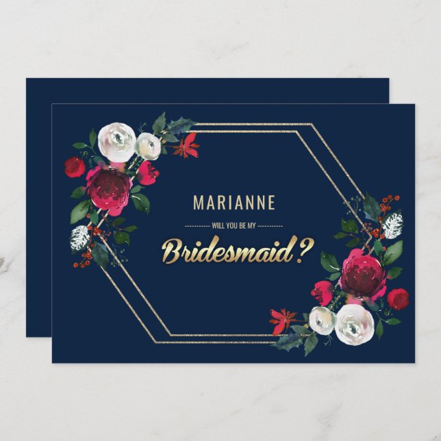Convites Você será minha dama de Bridesmaid? Marinho Blue B (Frente/Verso)