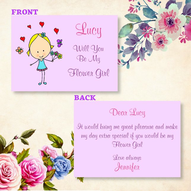 Convites Você Será Minha Dama de Flores Personalizado (Front and back view of the invitation)