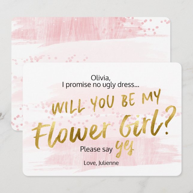 Convites Você Será Minha Dama de Flores Rosa e Dourado Aqua (Frente/Verso)
