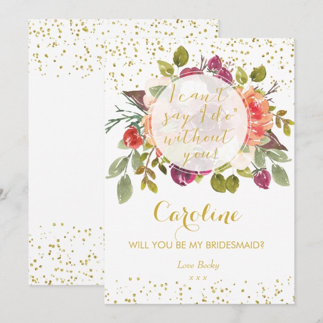 Convites Você será minha dama de honra, dourada púrpura flo (Frente/Verso)