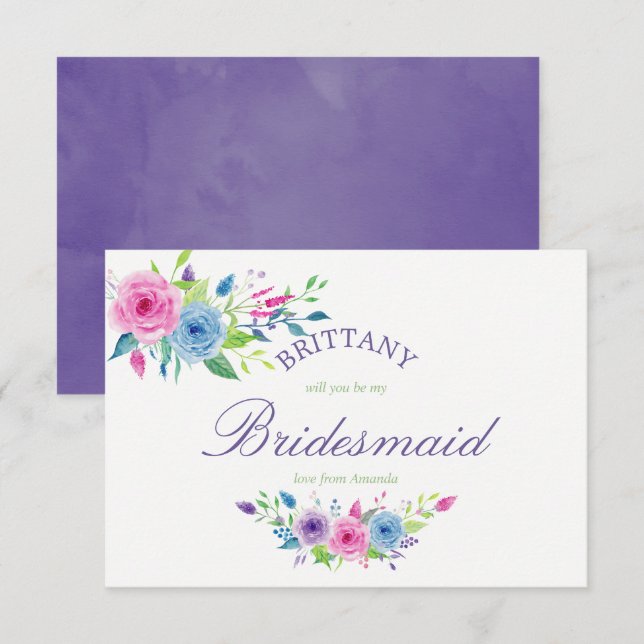 Convites Você Será Minha Dama de Honra Floral Violeta Ultra (Frente/Verso)