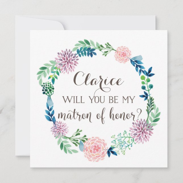 Convites Você será minha dama de honra, flores aquarela? (Frente)