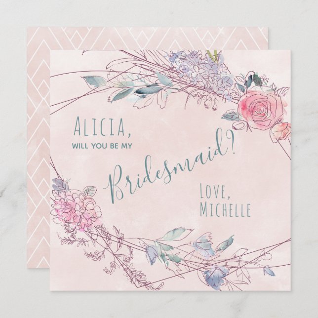 Convites Você será minha dama de honra, rosa de aquarela (Frente/Verso)