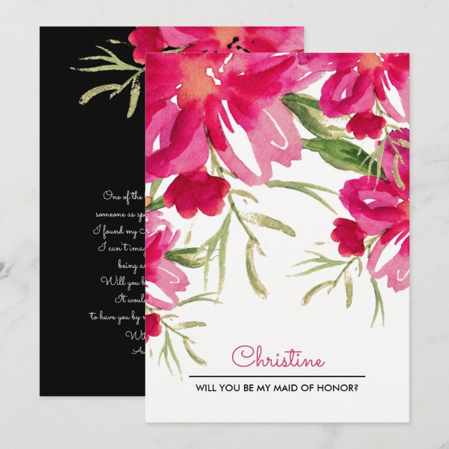 Convites Você será minha Madrinha de casamento? Fuchsia Flo (Frente/Verso)