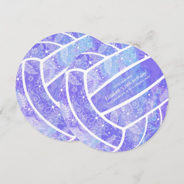 Convites Vôlei roxa com padrão floral (Frente/Verso)