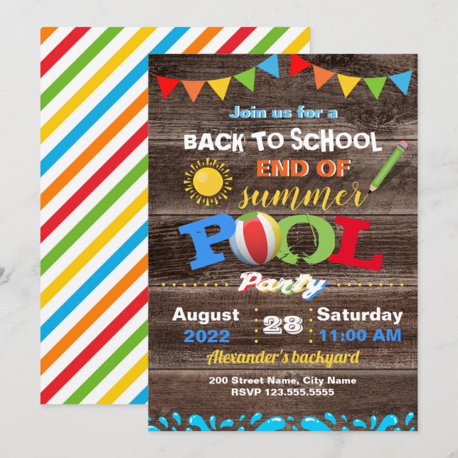 Convites Voltar à Festa de Piscina do Final da Escola (Frente/Verso)
