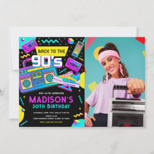 Convites Voltar aos anos 90 Foto Neon Moderno Retro Anivers