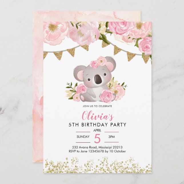 Convites Voo Floral Rosa Wreath Koala Aniversário (Frente/Verso)