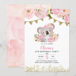 Convites Voo Floral Rosa Wreath Koala Aniversário