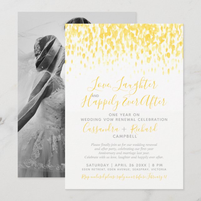 Convites Voto de casamento amarelo renovação 1 ano feliz de (Frente/Verso)