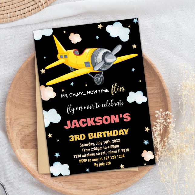 Convites Votos de aniversário do avião Black Yellow BK (Airplane Birthday Invitations Yellow Black BK)