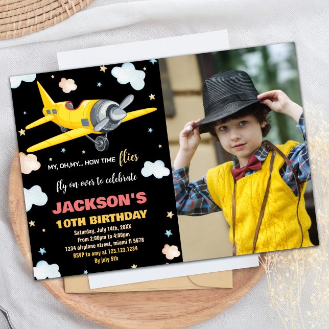 Convites Votos de Aniversário do Avião Preto Amarelo com Fo (Airplane Birthday Invitations Yellow Black w Photo)