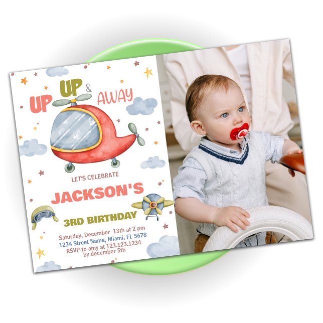 Convites Votos de aniversário do avião Verde com foto (Airplane Birthday Invitations Green with photo)