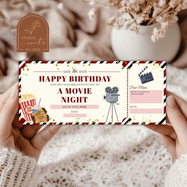 Convites Voucher de Presente para Noite de Cinema de Aniver (Criador carregado)