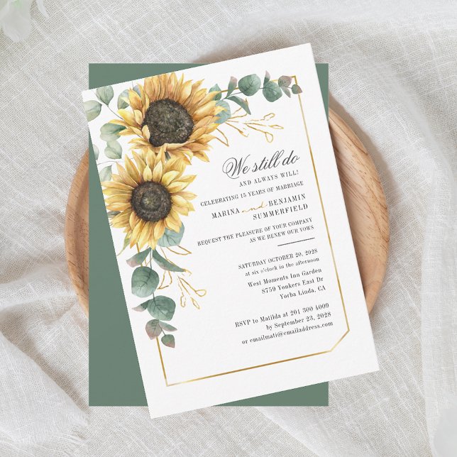 Convites Vow Renewal Eucalyptus Sunflower Casamento Geométr (Floral Sunflower Floral Rustic Wedding Anniversary Invitation)