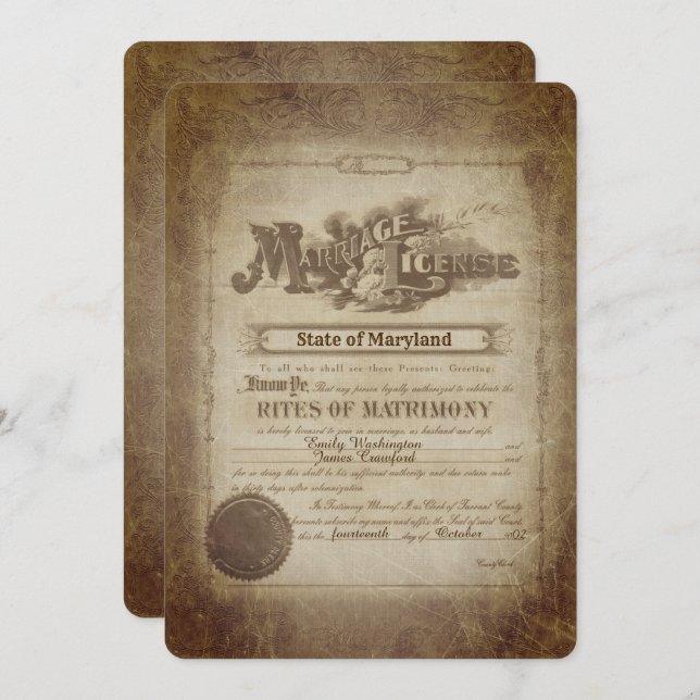 Convites Vow Renewal Vintage Wedding Certificate  (Frente/Verso)