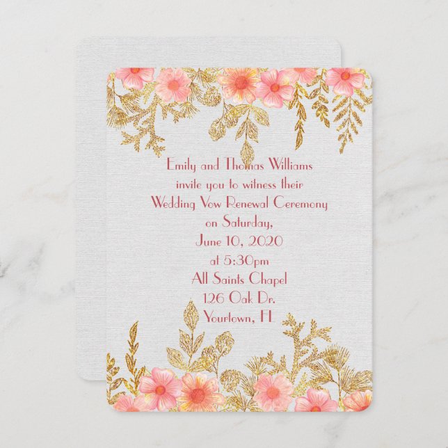 Convites Vow Renewalpink, fronteira floral com folha de our (Frente/Verso)