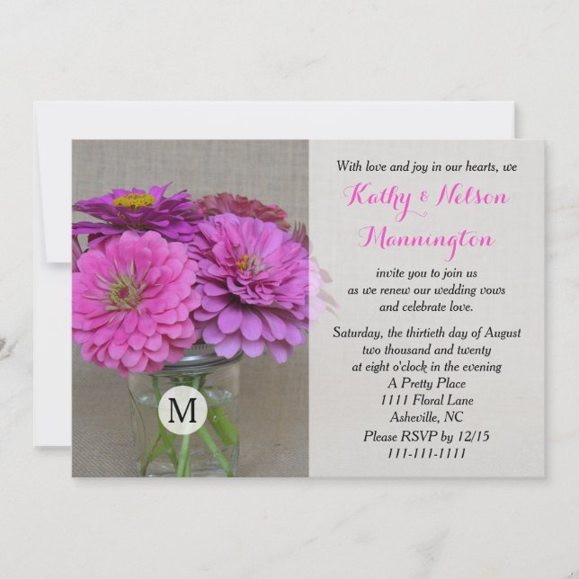 Convites Vow Reneways Zinnias em Masson Jar em Burlap (Frente)