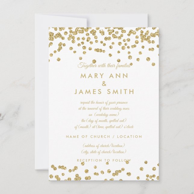 Convites Vow Renewer Dourada Faux Glitter Confetti White (Frente)
