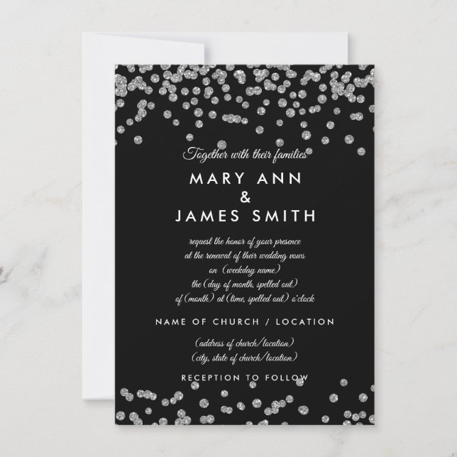 Convites Vow Renewer Silver Faux Glitter Confetti Black (Frente)