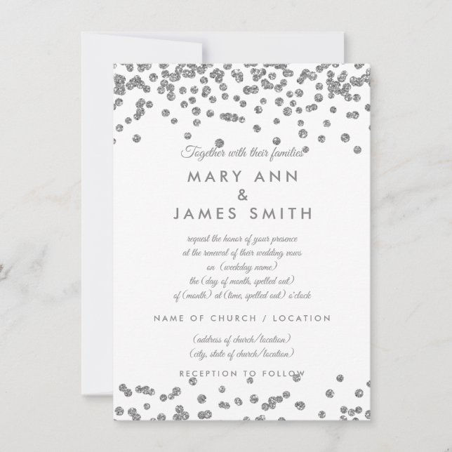 Convites Vow Renewer Silver Faux Glitter Confetti White (Frente)