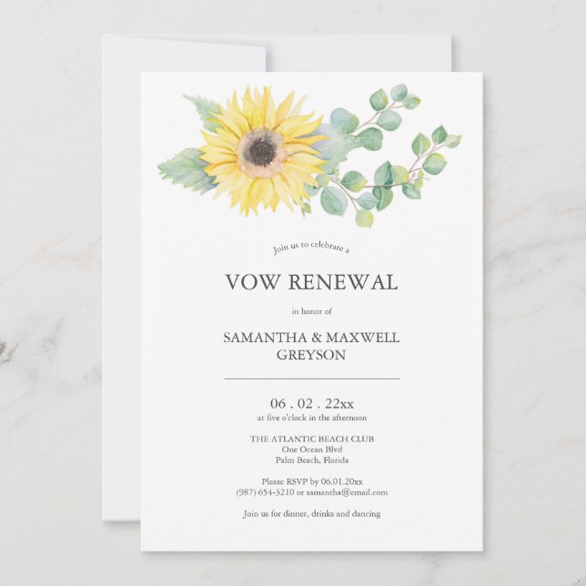 Convites Vow Renewices Watercolor Sunflower (Frente)