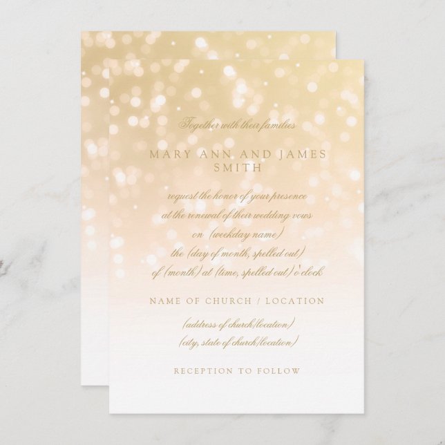 Convites Vow Renewing Dourado Bokeh Sparkle Luzes (Frente/Verso)