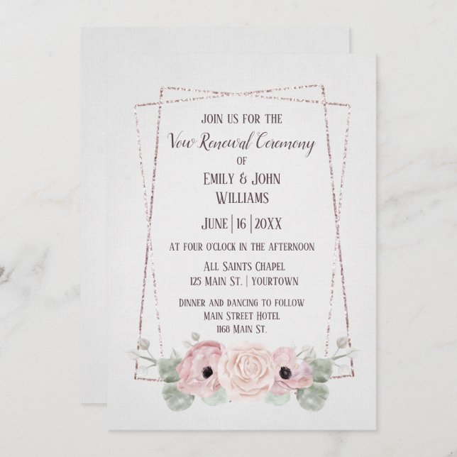 Convites Vow Renewing Pink Anemone e Glitter Frame Invitat (Frente/Verso)