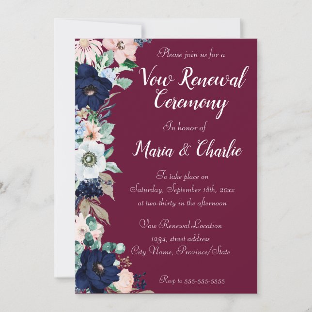 Convites Vow Renewony Florals Borgonha (Frente)