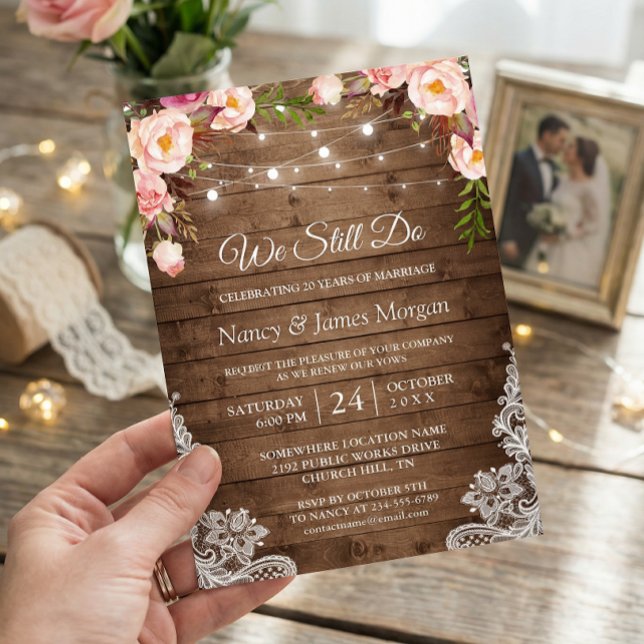 Convites Vow Renewtic Rustic Wood String Lights Lace Floral (Criador carregado)
