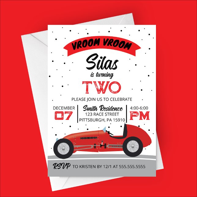 Convites Vroom Vroom Festa de aniversário de Carros de Raça (Vroom Vroom | Antique Race Car | Racing Themed Birthday Party Invitation)
