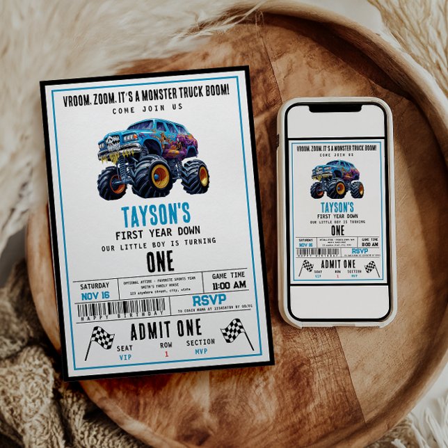 Convites Vroom Zoom Monster Truck Boom | Parte primeiro ani (Criador carregado)