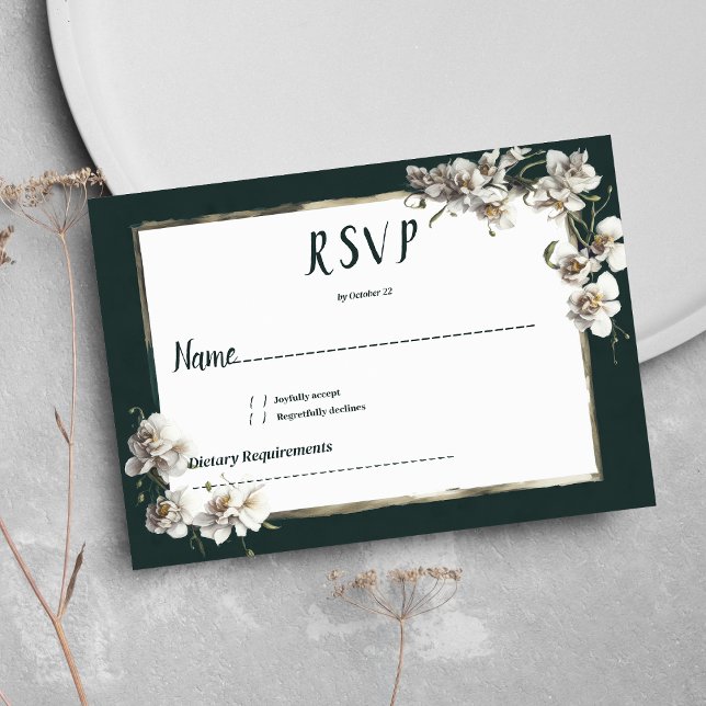 Convites VSVP de flor de orquídea branca verde-escura (Glam dark green gold white orchid flower RSVP)