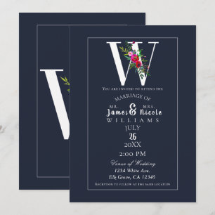 Convites W Monograma Última Inicial Moderna Floral Azul Cas