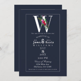 Convites W Monograma Último Casamento Floral Azul Moderno I