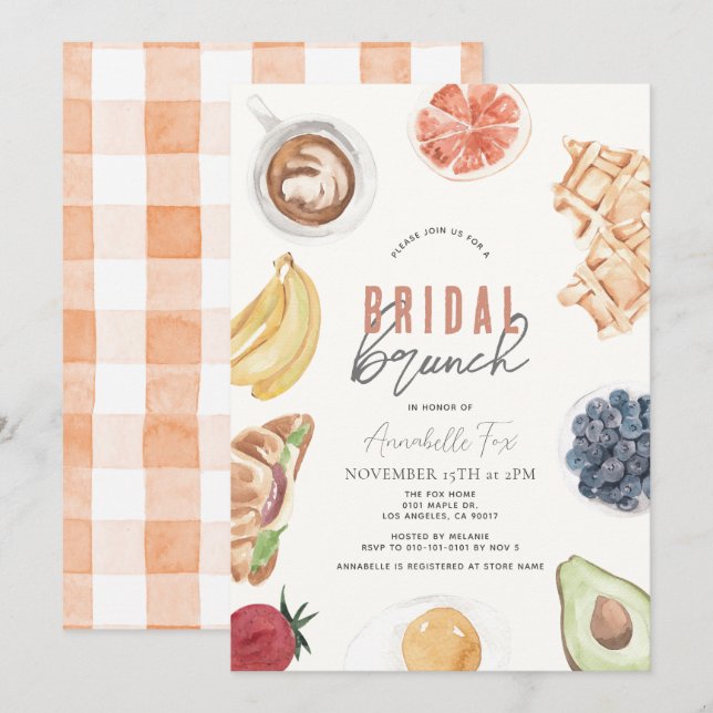 Convites Waffles Café Frutas Watercolor Bridal Brunch (Frente/Verso)