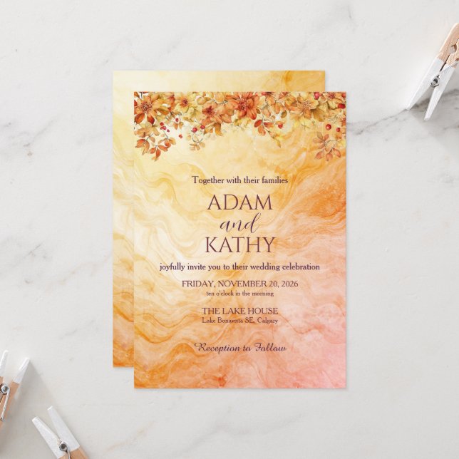 Convites Warm Autumn Marble Wedding Invitation (Frente/Verso In Situ)